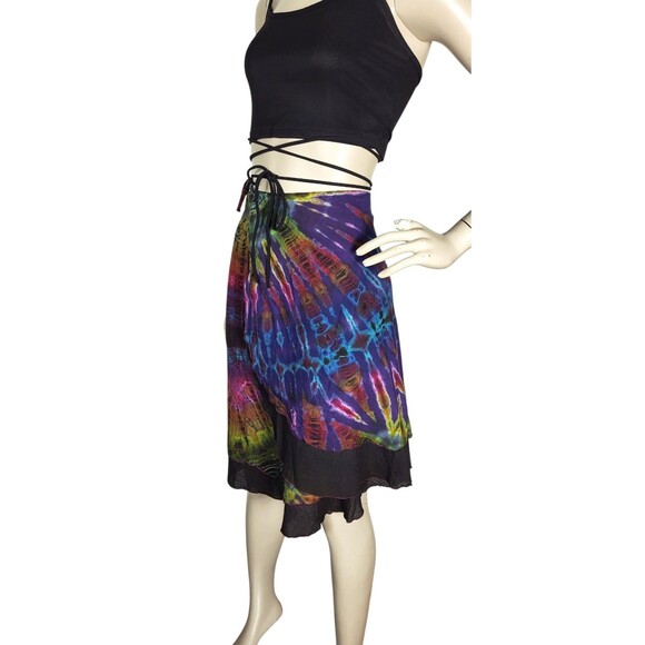 VTG Kathmandu Imports Rainbow Black Tie-Dye Wrap Skirt Festival 100% Cotton OSFM - Picture 3 of 8